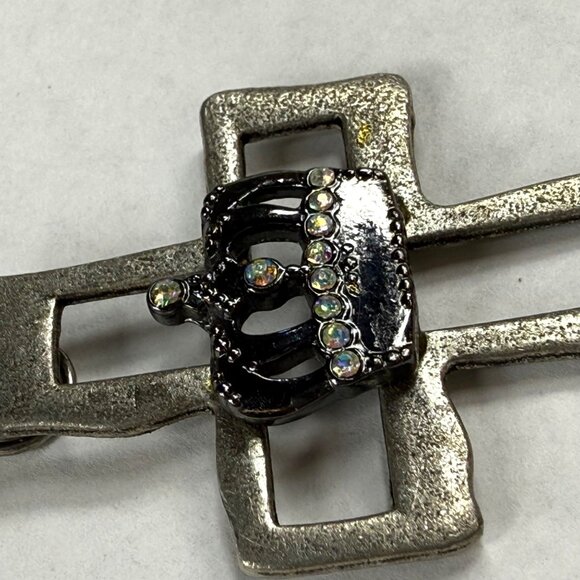 Silver Tone Metal Cross Pendant With Rhinestone Crown Embellishment for Necklace - Picture 6 of 15